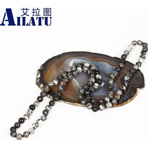 Ailatu Mens Jewelry Natural 8mm Round Black Net Stone Beads Fashion Necklace or Take as Bracelet Healing Balance Prayer Jewelry