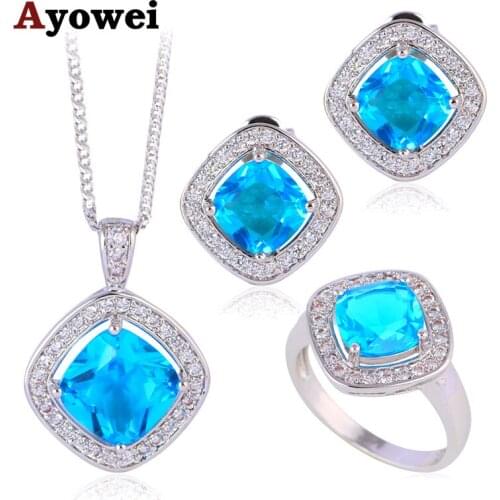 Ayowei Silver Stamped Light Blue Zircon Square Fashion Jewelry Set Earrings Necklace Ring Sz #6#7#8#9#10 JS639A