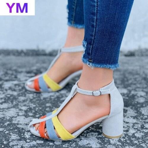 Summer Mixed Colors Woman High Round Heels Sandals Peep Toe T Buckle Strap YM Zapatos De Mujer Plataforma Sandalias Femenina 43