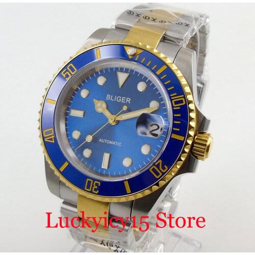 BLIGER 24 Jewerls Japan NH35 MIYOTA 8215 Blue Mechanical Men Wristwatch Business Solid Case Gold Coated Bezel Two-Tone Bracelet