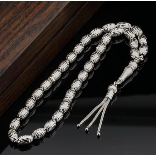 925 Sterling Silver Rosary with Barley Cutting and Lines Pattern Natural Stone Beads Middle East Prayer Islamic Muslim Tasbih
