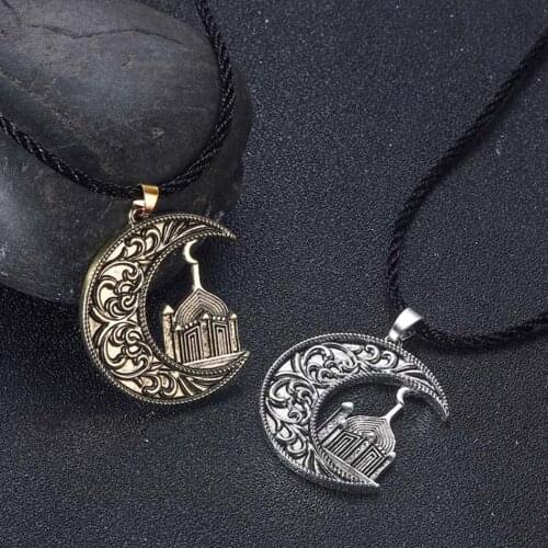 Cxwind Fashion Vintage Muslim Crescent Moon And Mosque Islamic Pendant Necklaces Men Charm Pendants Amulet Rune Jewelry