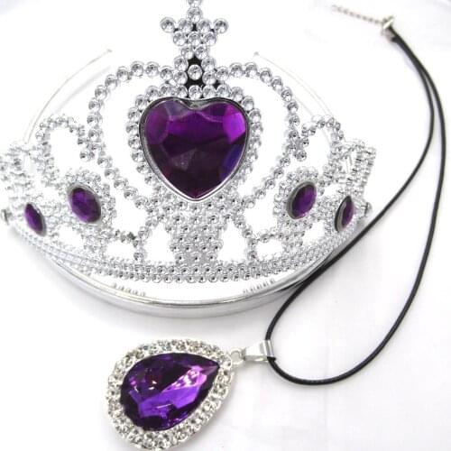 Children Girls PU Leather Chain The First Princess Purple Teardrop Amulet Necklace Stone Crown Tiara Hairband Sets Gift For Kids