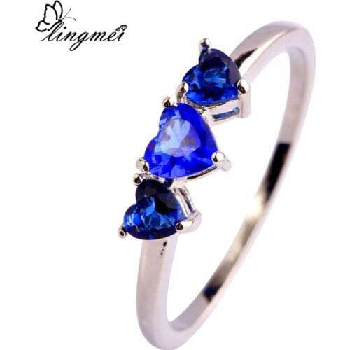 Lingmei Three Heart Zircon Engagement Jewelry Wedding Rings Trendy Blue Silver Color Ring Size 6-9 10 Christmas Women Gifts
