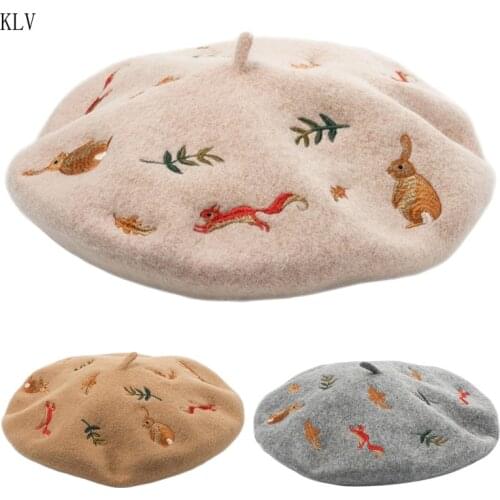 Korean Women Winter Faux Wool Elastic Beret Cap Kawaii Cute Cartoon Forest Rabbit Squirrel Embroidery Painter Beanie Hat