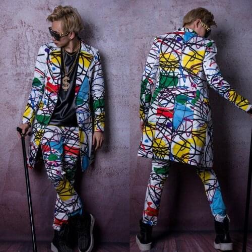 S-5XL NEW (suit+pants) Male Graffiti hip hop long suit pants Nightclub Mens singer DS DJ zhi-long style DG stage costumes