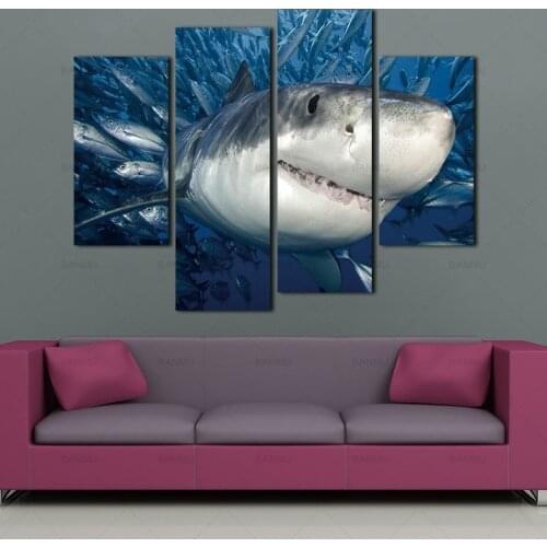 4 Panels KIT Frameless Posters Canvas Wall Art Picture Print Great White Shark Canvas Paintings Wall Decorations for Living Room