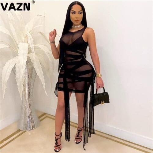 VAZN New 2021 Solid Sleeveless Banquet Party Women Elegant Fashion Dress Slim Dress Club Birthday Shinny Dress