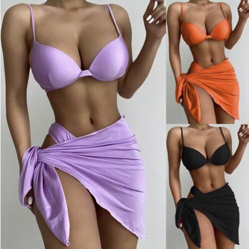 2021 New Sexy And Comfortable Three-piece Swimsuit Solid Color Bikini Ladies Swimsuit Gather Swimwear Bikini