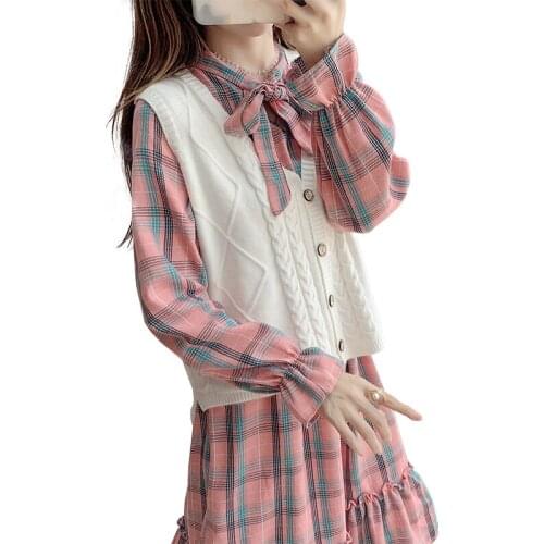 2021 New Plaid Dress Knitted Cardigan Vest Dress Two-piece Suit Women Spring Autumn Dress 131A