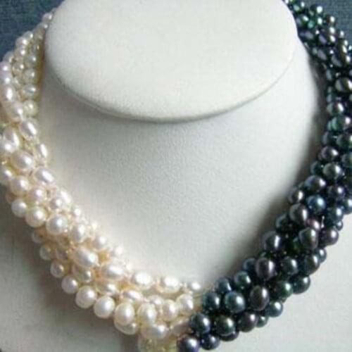 Original design 5rows 7-8mm natural white black freshwater cultured pearl beads necklace for women party elegant gifts 18" BV386