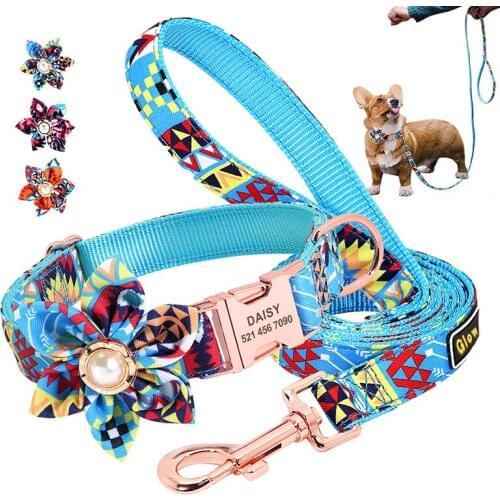 Personalized Dog Collar With Leash ID Tag Custom Nylon Pet Dog Tag Collar Printed Nameplate Collars Fashion Cats Walking Belt