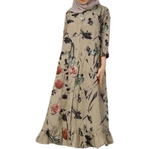 Ruffle Hem Midi Dress Women Elegant Loose Shirt Dress Plus Size Floral Print Button Up O-Neck Party Long Dresses Beach