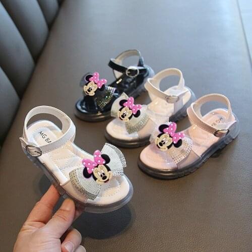 Disney Girls Princess Sandals 2021mickey Spring Summer New Fashion Soft-soled Childrens Shoes Flat Heel Buckle Bow Beach Shoes