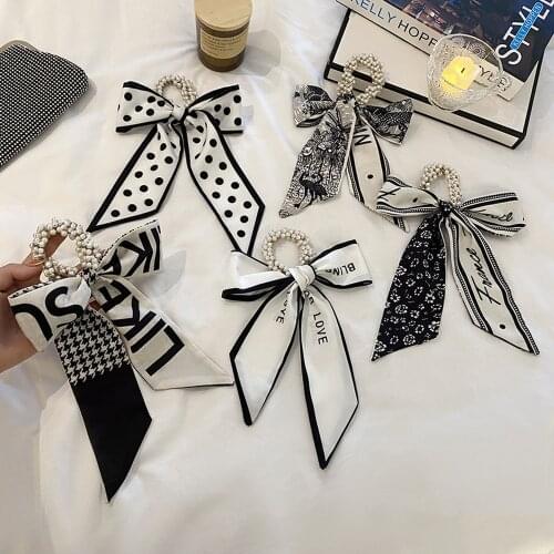 Silk Hair Scarf Scrunchies with Tails Pearl Hair Ties Floral Satin Ribbons for Women Ponytail Holders 2 In 1 Hair Accessories
