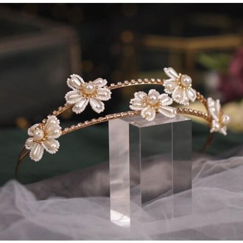 New Bride Pearl Flower Tiaras Crowns Fashion Crystal Hariwear Headdress Bridal Pearl Hairbands Wedding Hair Jewelry