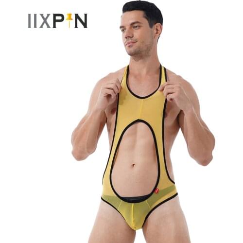 Mens See-through Mesh Leotard Hollow Out Sleeveless Fit Catsuit Bulge Pouch Skinny Leotard Gym Fitness Workout Wrestling Singlet