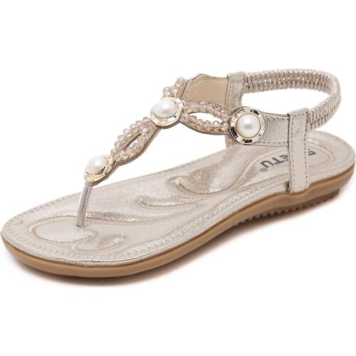 2021 Woman Sandals Bead Bohemian Clip Toe Comfortable Thong Shoes Boho Elastic Band Back Strap Flat Beach Shoes