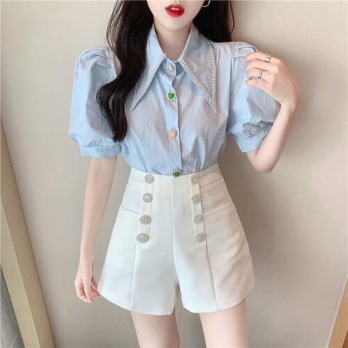 Beading Puff Sleeve Single Breasted Shirt Blouse Outfits Womens Summer Fall Fashion Diamond Button Wide Leg Shorts 2 Piece Set