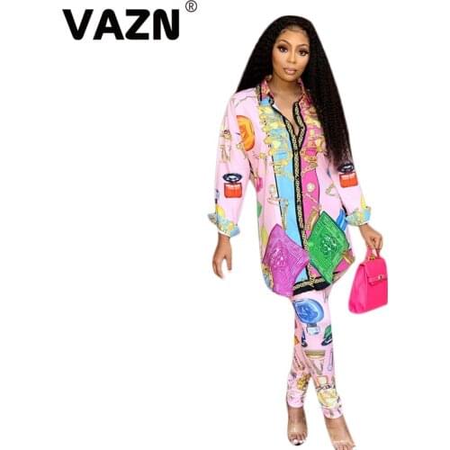 VAZN 2020 Spring Summer Top Quality Vintage Sexy Lazy Regular Daily Fashion Full Sleeve Top Long Pants Slim Women 2 Piece Set