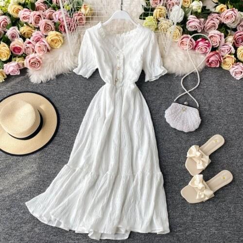 Women White Dress Summer Elegant V-neck Single-breasted Short Flare Sleeve Vintage Dresses Female 2020 Korean Chic Robe Mujer