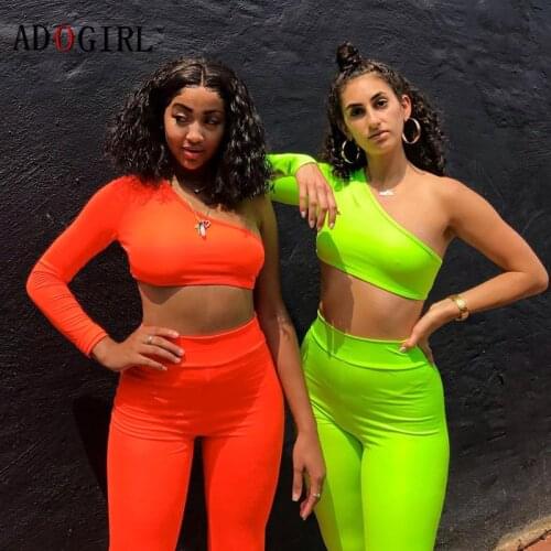 Adogirl Sporty Solid Fitness Tracksuit Womenone One Shoulder Crop Top +Leggings Bodycon 2 Piece Set Casual Streetwear Outfits