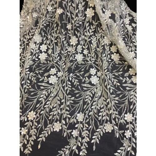 African lace fabric high quality embroidered french net lace nigerian tulle fabric with beads ZH-3686812 for women party