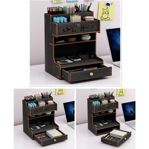 Wooden Pen Holder with Drawer Multifunctional Desktop Stationary Pencil Box Rack K92C