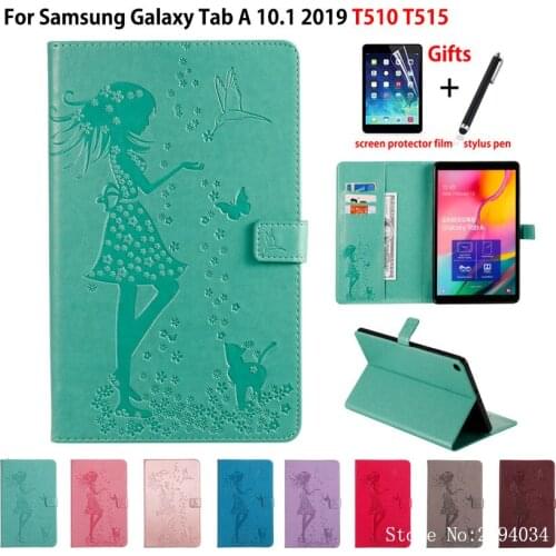 SM-T510 Case For Samsung Galaxy Tab A 10.1 2019 T510 T515 SM-T515 Cover Funda Tablet Girl Cat Embossed Flip Stand Shell +Gift