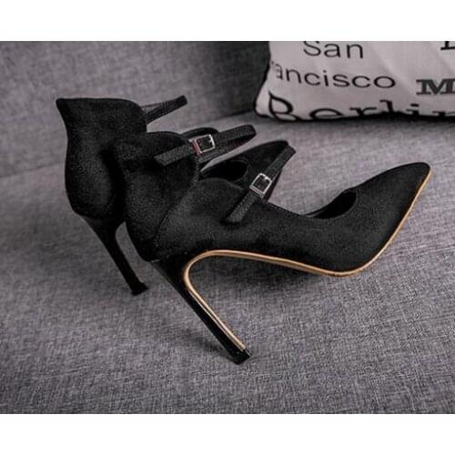 Hot selling pointed toe high heel shoes black suede ankle strap woman pumps winter newest stiletto heels