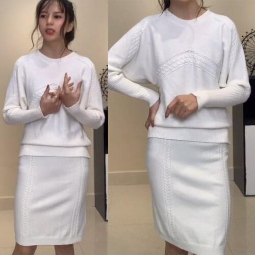 2piece set Skirt Suit Women knitted Suit and sets Autumn O-neck Bat Sleeve pullovers + knitted skirts Soft warm for female