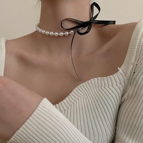 Lace Bowknot Pearl Choker Necklaces For Women Girls Trendy Elegant Temperament Bowknot Pearls Strand Necklace Fashion Jewelry