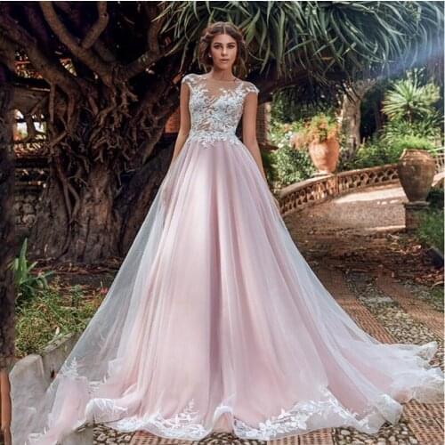 LORIE Pink Princess Wedding Dress A Line Bridal Gowns Appliqued Lace Boho Illusion Backless Wedding Gown Floor Length