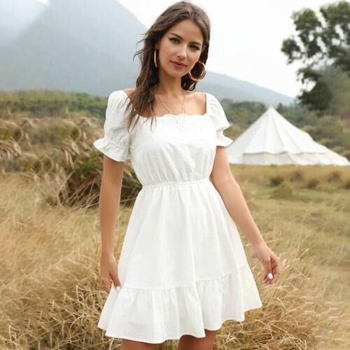 Quality Fabric Summer Boho Mini Dress Ruffles Short Sleeve Square Collar White Size M Only One Up to 70% Fans Up To 75% Discount