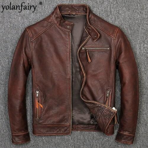 Mens Leather Jacket 2020 Mens Clothes Real Cow Leather Coat for Men Casual Moto&Biker Street Style Plus Size Short Slim 094