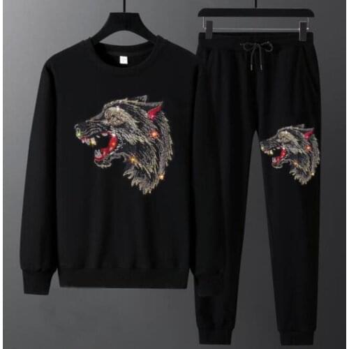 2021 Fashion Men Two Piece Set Diamond stone Long Sleeve Tops Streetwear British Style Men Tracksuit