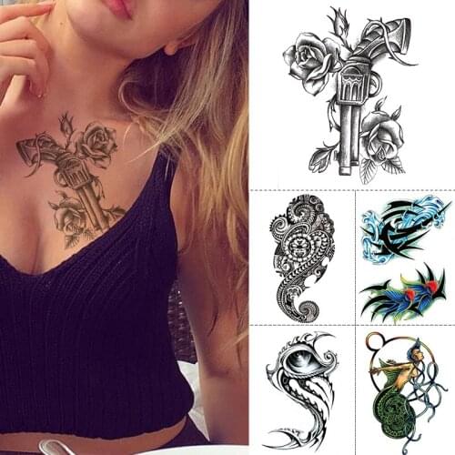 Waterproof Temporary Flash Tattoo Sticker Pistol and Rose Body Art Arm Fake Tatoo For Women Men