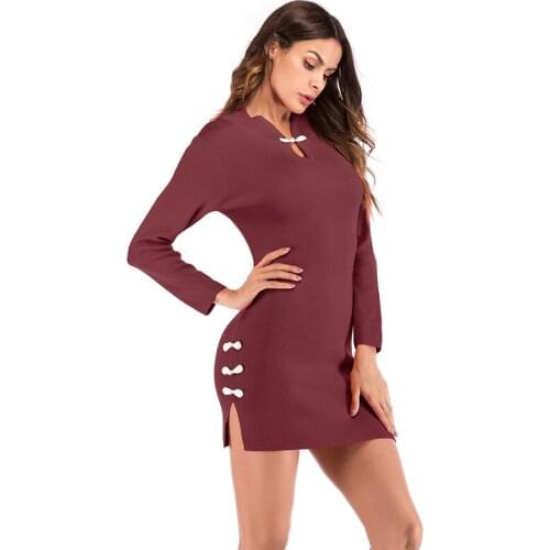 Neatie kiddie Autumn Vintage Kintting Bodycon Dress Women Sexy Solid Side Split Mini Vestidos Female Clothes Long Sleeve Dress