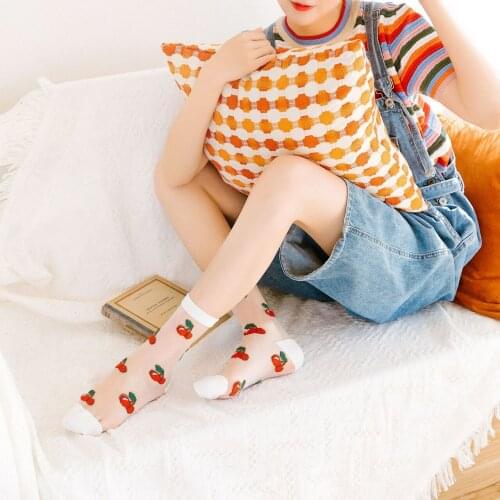 New Arrived Spring Summer Cool Girl Youth Cute Fruits Pattern Silk Thin Outing Street Fashion Woman Casual Middle Tube Socks