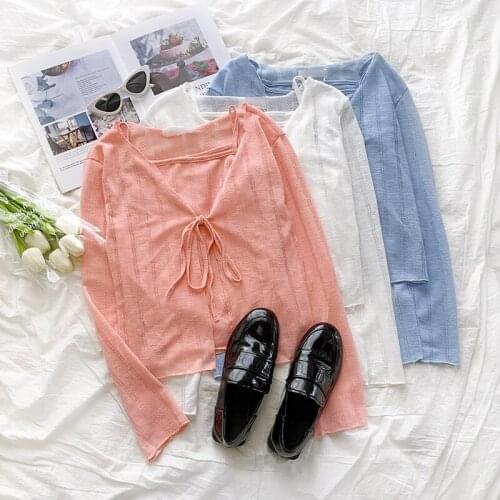 Hollow out V-neck lace-up slim short section long-sleeved knitted cardigan sling sun protection t-shirt