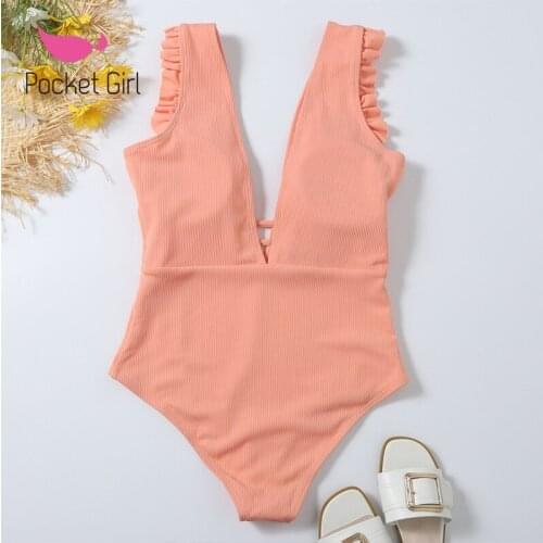 Pocket Girl 2021 Solid Bodysuit Push Up Sexy Biquini Deep V One Piece Swimsuit Female Monokini Padded Swimwear New Bathing Suit