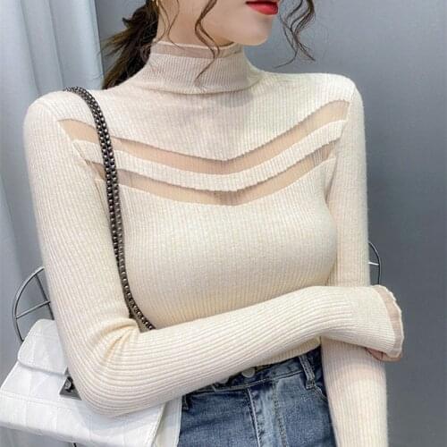 2021 Autumn Half Turtleneck Long Sleeve Knitted Pullovers Slim Elasticity Mesh Hollow Out Knitwear Women Lace Patchwork Jumpers