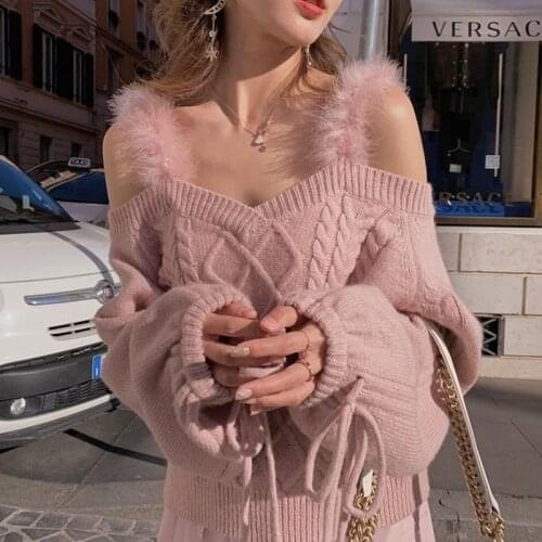 Pull Femme Fashion Korea Gentle Sexy Jumpers Off Shoulder Autumn Lace Up Slash Neck Pink Pullovers Sweater Long Sleeve Knit Tops
