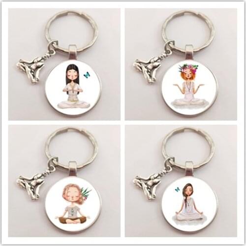 Modern I Love Yoga Glass Round Keychain Cute Cartoon Character Buddha Girl Jewelry Keychain