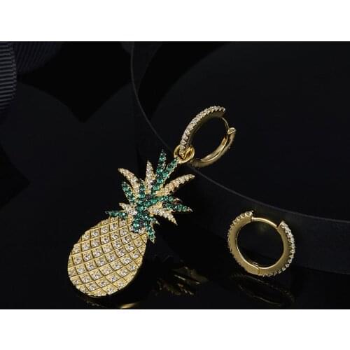 SLJELY 925 Sterling Silver Yellow Gold Color Asymmetric Pineapple Earrings Micro Zircon Stones Women Fine Jewelry Collection