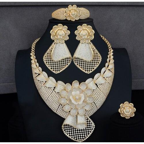 Blachette Bridal Elegant Big Grid Flower Ring Necklace Bracelet Earring Jewelry Sets Cubic Zirconia For Wedding Engagement Show