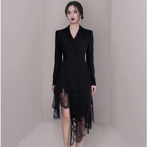 New 2019 Runway Designer Dress Womens Long Sleeve V-neck Double Breasted Buttons Lace patchwork Irregular Suit Dress