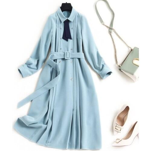 Women Elegant Bowknot Office Dress New 2021 Spring Summer Peter Pan Collar Double Breasted Long Sleeve Blue Dresses