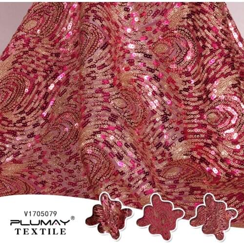 100%Polyester 3+5mm red glitter embroidered sequin mesh fabric for wedding dress by half(1/2) yard