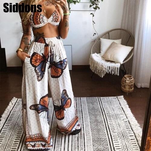 2 Pecs Suit Summer Tracksuit Sets Womens Outfits Boho Beach Style Print Underwear Loose Wide Leg Pants Ropa Mujer New
